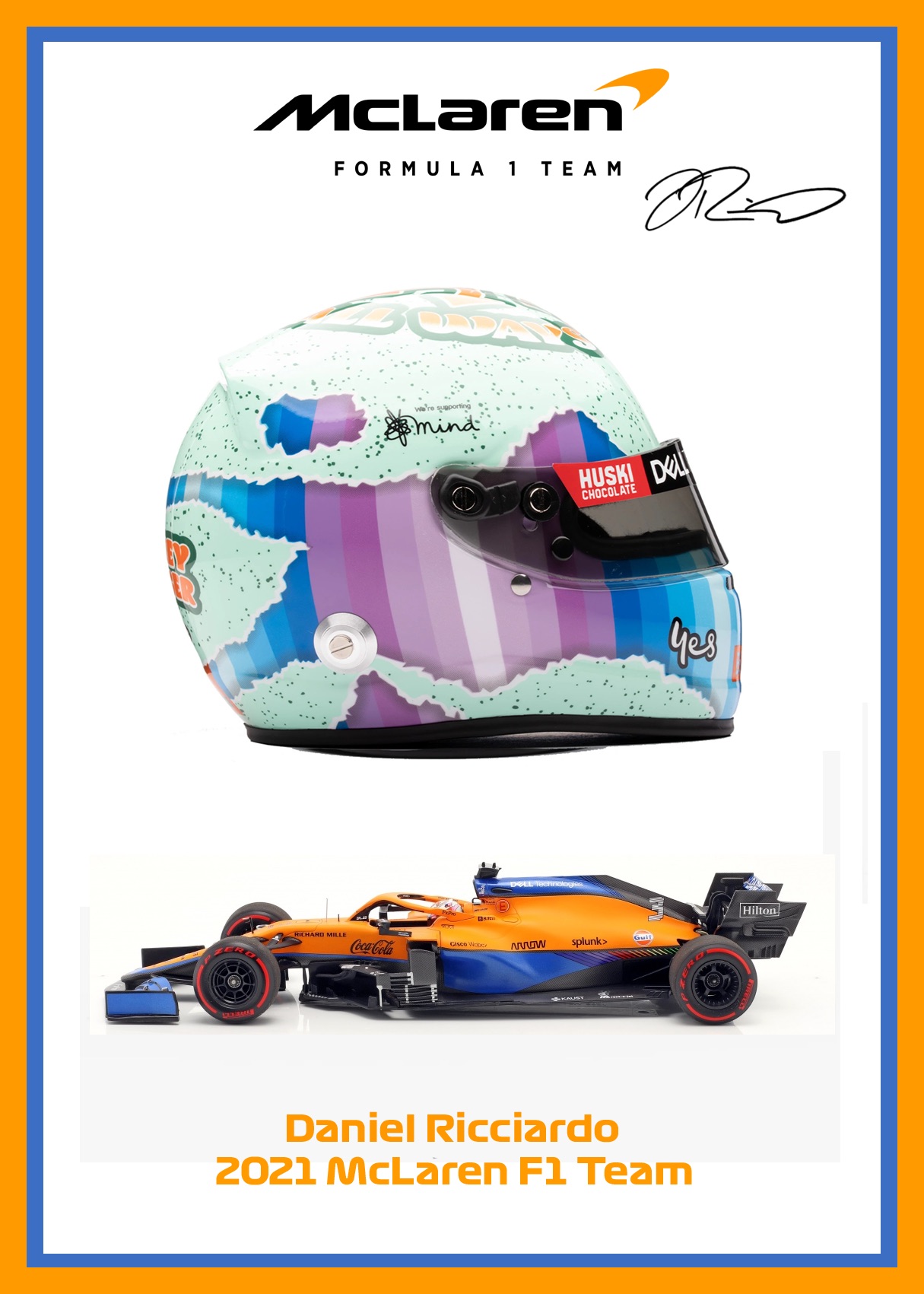 Daniel Ricciardo 2021 Signed limited-edition F1 helmet prints – A3 satin finish artworks